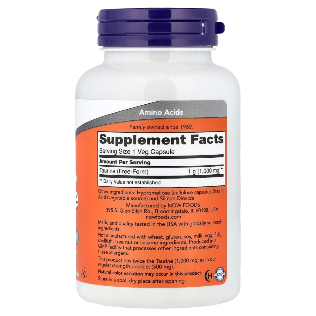 NOW Foods 牛磺酸1000毫克100粒素食膠囊包裝背面及成分標籤