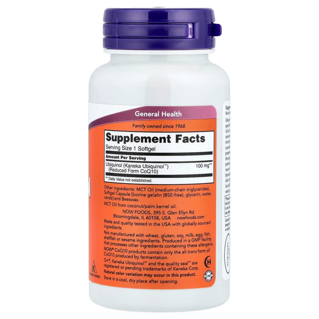 NOW Foods 還原型輔酶Q10泛醇100毫克 60粒軟膠囊 背面成分及營養標籤