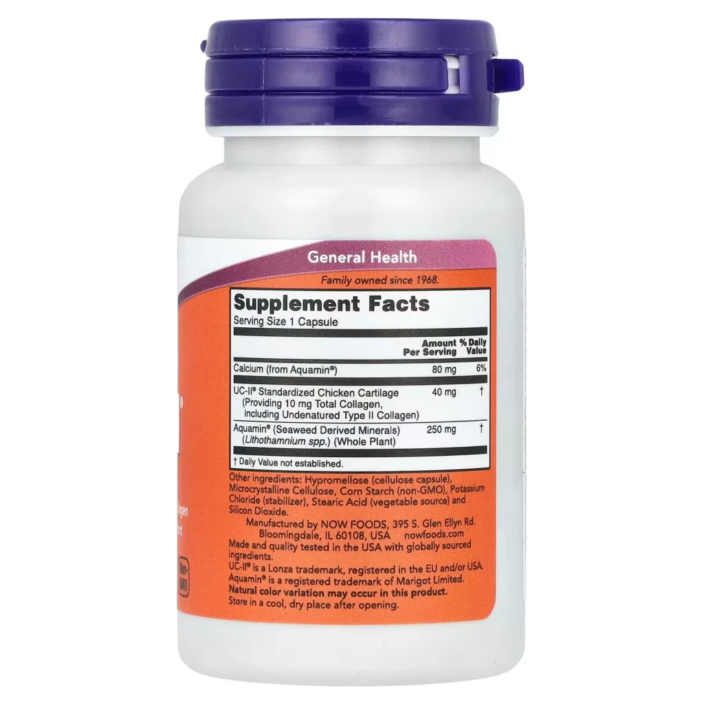 NOW Foods UC-II 標準化雞軟骨40毫克 60粒膠囊 背面成分及營養標籤
