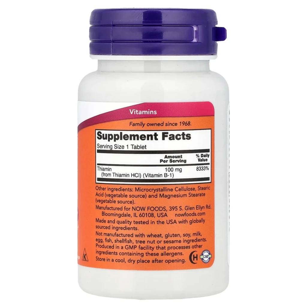 NOW Foods 維他命B1硫胺素100毫克100片包裝背面及 Supplement Facts 成分標籤