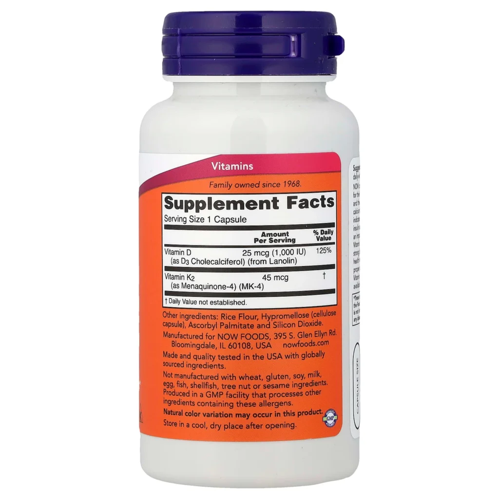 NOW Foods 維他命D3及K2 120粒膠囊 背面成分與使用標籤