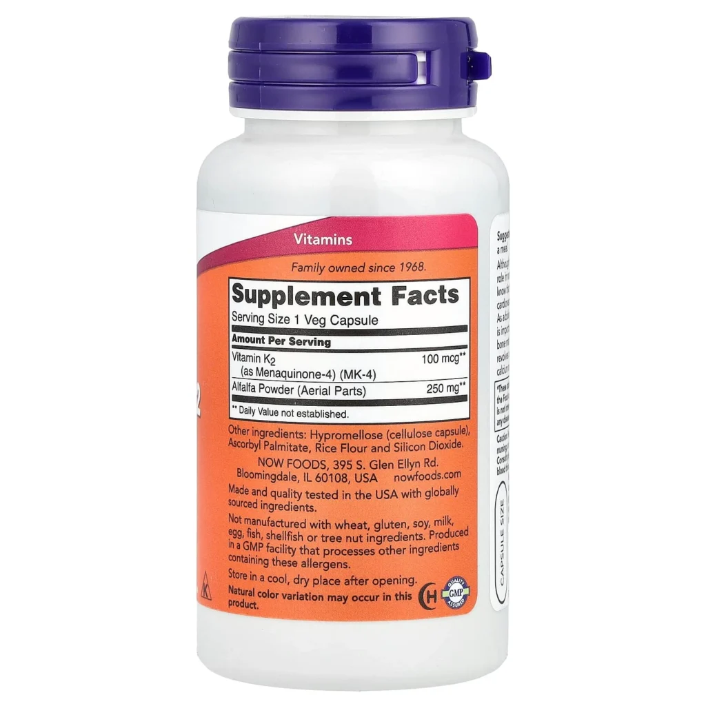 NOW Foods 維他命K2 MK-4 100微克100粒素食膠囊包裝背面及成分與使用標籤