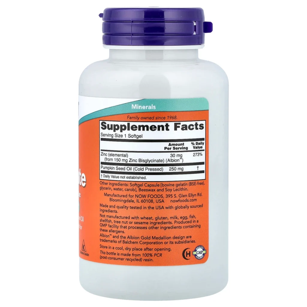 NOW Foods 甘氨酸鋅30毫克120粒軟膠囊包裝背面及成分與使用標籤