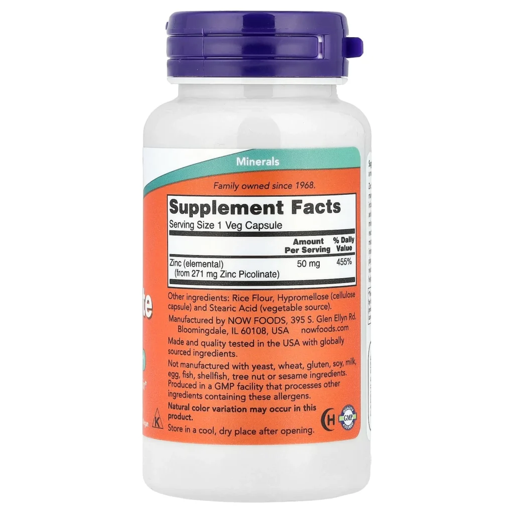 NOW Foods 吡啶甲酸鋅50mg120粒成分及保存標籤