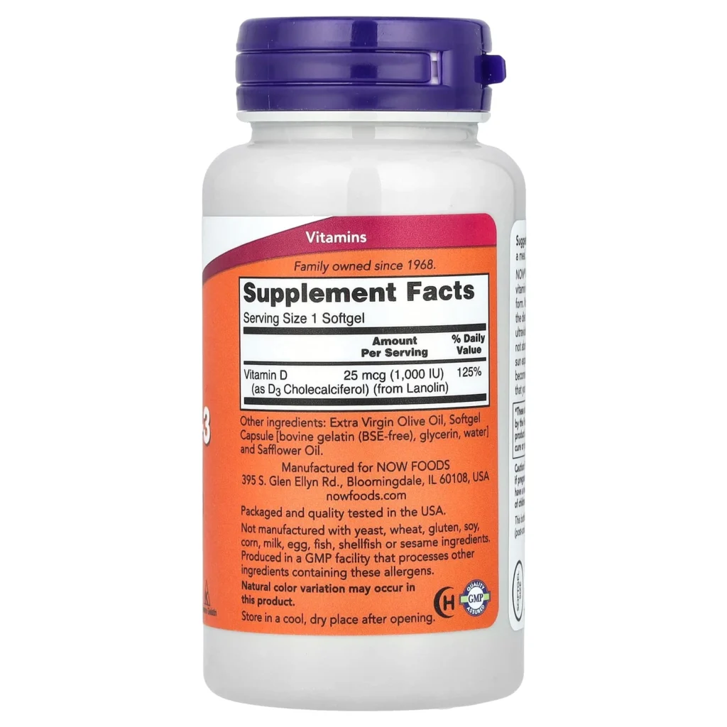 NOW Foods 維他命D3 1000 IU 180粒軟膠囊背面成分、營養及使用保存標籤