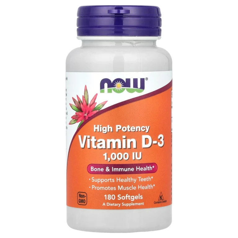 NOW Foods 維他命D3 1000 IU 180粒軟膠囊完整瓶身正面