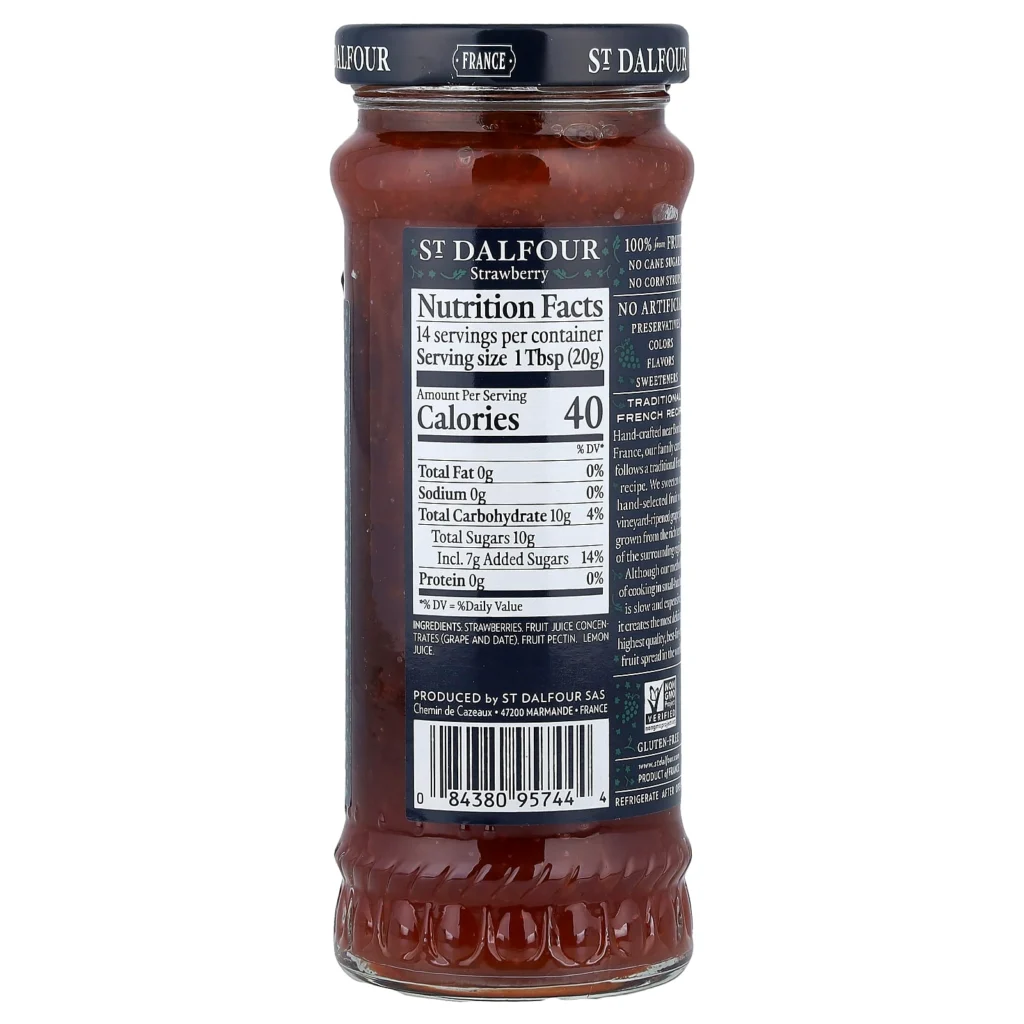 St. Dalfour 草莓果醬 284g 背面成分、營養及保存標籤
