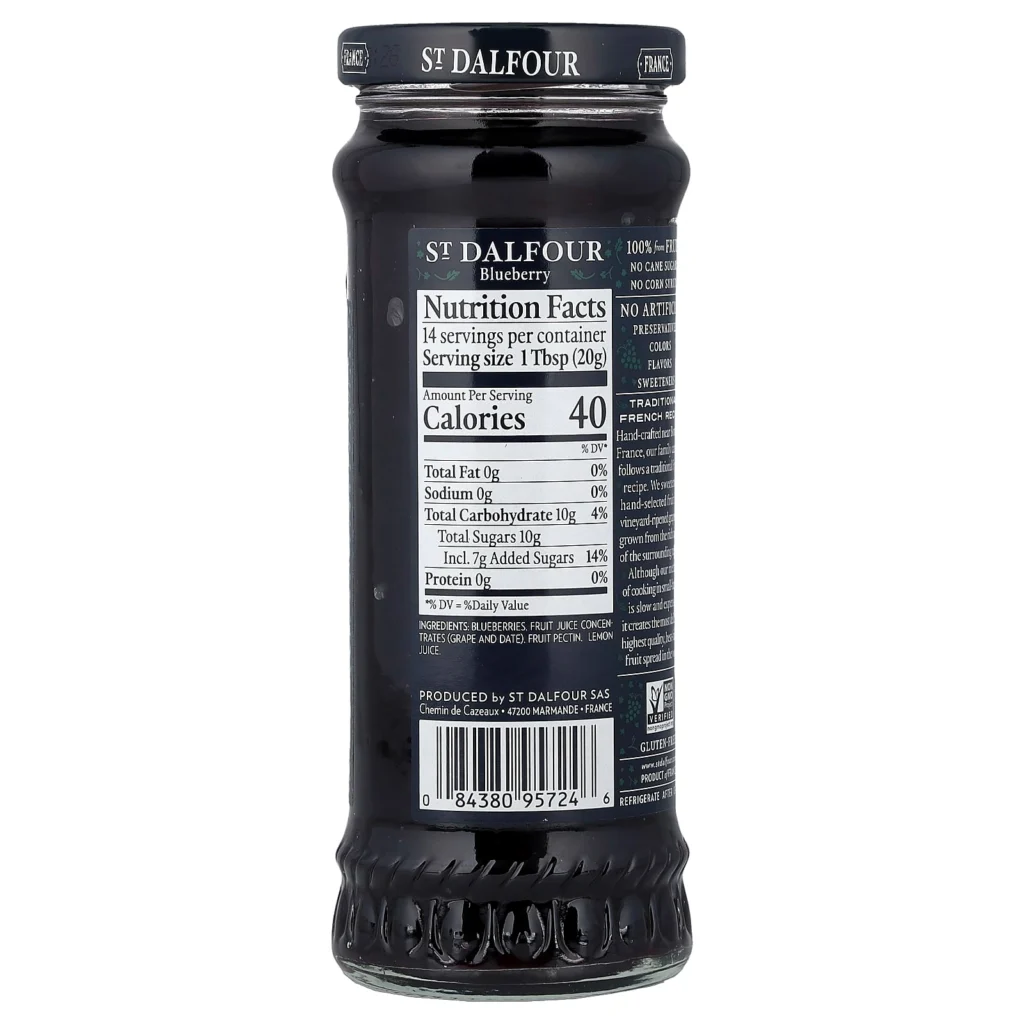 St. Dalfour 野生藍莓果醬 284g 背面配料、營養及保存標籤