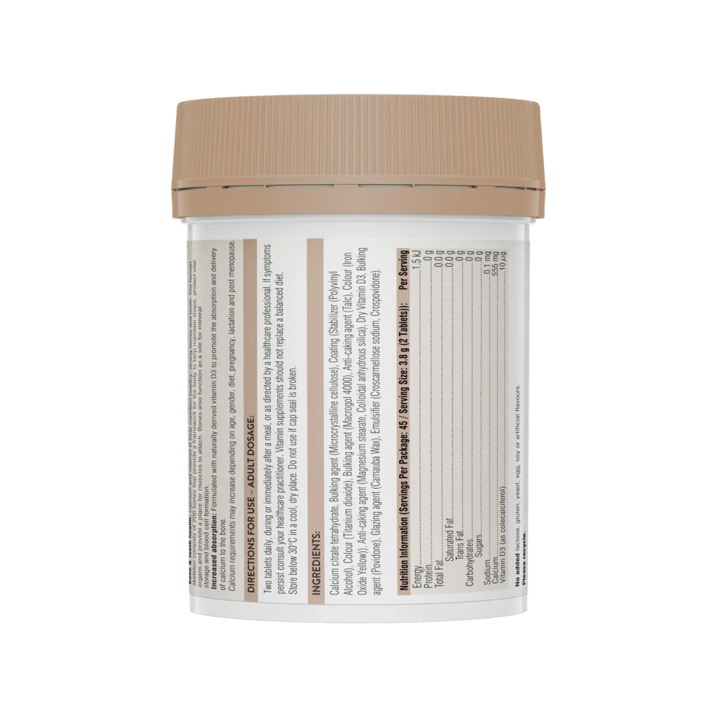 Swisse Ultiboost 鈣＋維他命D 90片包裝背面及成分營養標籤